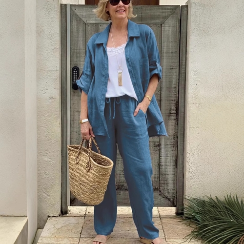 WOMEN'S LONG-SLEEVE BUTTON TOP AND WIDE-LEG PANTS SET / BLUE U378 - Set of blue See the last picture for the actual color