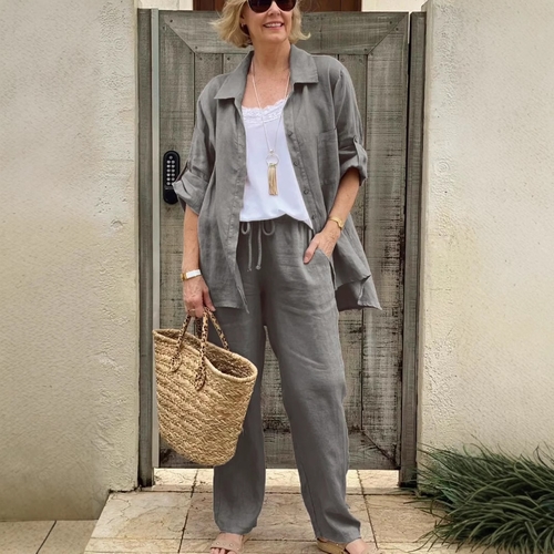 WOMEN'S LONG-SLEEVE BUTTON TOP AND WIDE-LEG PANTS SET / GRAY U378 - Set of gray