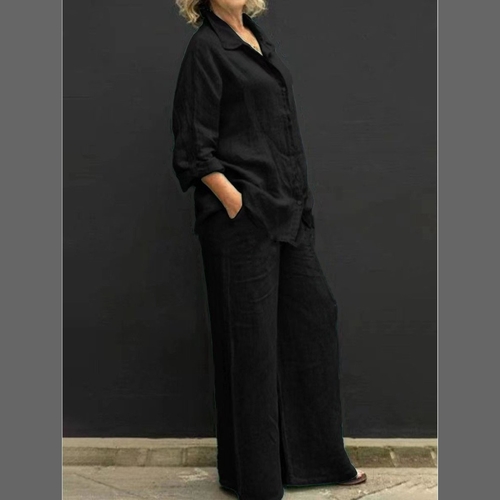 WOMEN'S LONG-SLEEVE BUTTON TOP AND WIDE-LEG PANTS SET / BLACK U378 - Set of black
