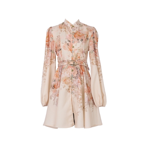 WOMEN'S LONG-SLEEVE MINI DRESS / U377MC - Floral cream dress