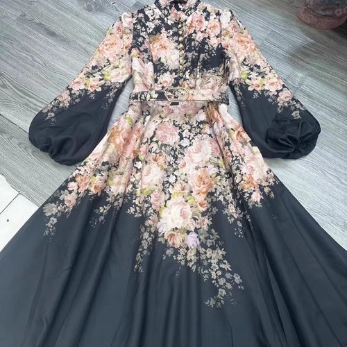 WOMEN'S LONG-SLEEVE LONG DRESS / U377LB - Floral black