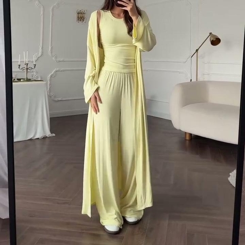 THREE-PIECE CASUAL SUIT / YELLOW U516 - Set of vest top, pants and long cardigan