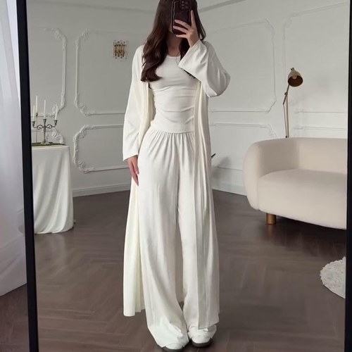 THREE-PIECE CASUAL SUIT / WHITE U516 - Set of vest top, pants and long cardigan