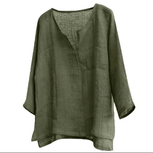 WOMEN'S V-NECK LOOSE LONG-SLEEVED SHIRT / AG /U110 - Army green