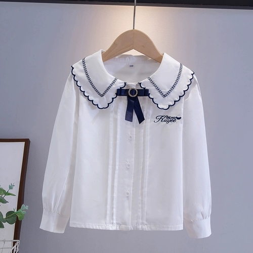 BLOUSE / U505M - White blouse with blue ribbon