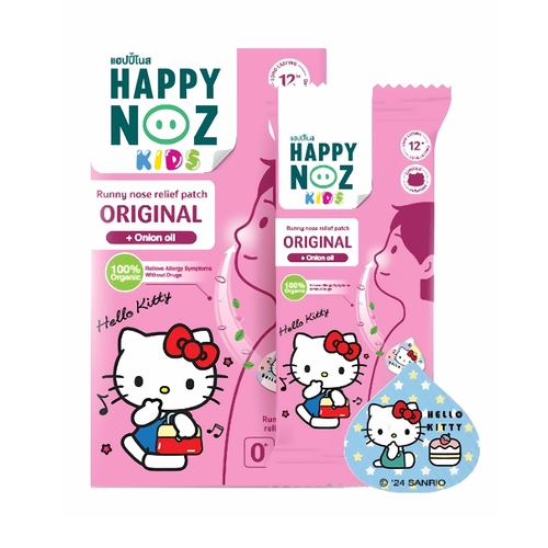 HAPPY NOZ ORIGINAL HELLO KITTY - Happy Noz Original-Hello Kitty collection runny nose relief patch. Original with onion oil 100% Organic ingredients and certified by USDA easy to use stick on patch 1 box has 6pcs. Made in Thailand. For external use only. *This product contains peppermint as an ingredient. Not suitable for people with G6PD deficiency.