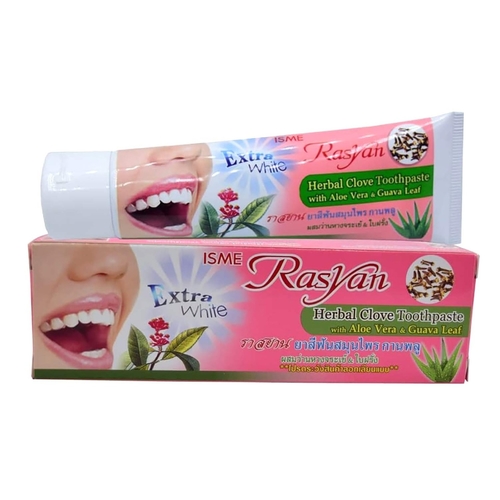 RASYAN HERBAL CLOVE TOOTHPASTE WITH COCONUT & ALOE VERA 100G - Natural antiseptic properties help control oral bacteria and freshen breath.Removes stains from coffee, tea, and tobacco use,restoring natural whitenes. Enriched with clove oil, aloe vera, and guava leaf for complete oral care. Features a cool clove aroma with a smooth, clean finish.Safe and natural option for those avoiding fluoride in dental care.Authentic Thai Product