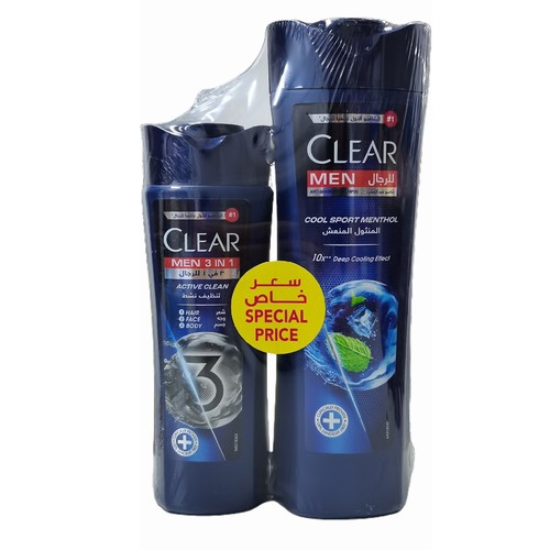 2-PIECE CLEAR MEN(200ML CLEAR MEN 3N1  ACTIVE CLEAN + 400ML CLEAR MEN COOL SPORT MENTHOL) - BO163 - 1PC 200ML CLEAR MEN 3N1 ACTIVE CLEAN, 1PC 400ML CLEAR MEN COOL SPORT MENTHOL