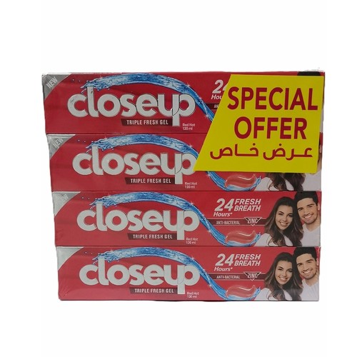 4-PIECE 120ML CLOSEUP TRIPLE FRESH GEL TOOTHPASTE - RED HOT BO191 - 24hrs fresh breath - anti-bacterial - powered by zinc