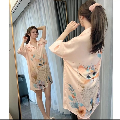 WOMEN'S NIGHTDRESS-PINK CAT - F029 - Free size-pink-cat print