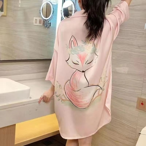 WOMEN'S NIGHTDRESS-PINK FOX - F029 - Free size - pink - fox print