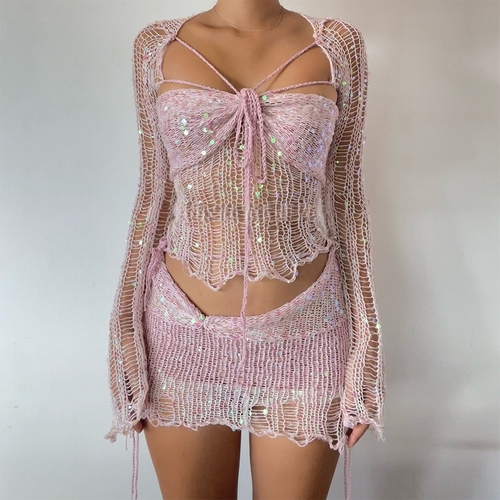 THREE-PIECE SEQUINED KNITTED SWEATER SET / PINK U04 - Crochet outfit for women