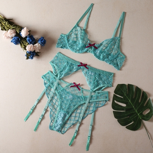 THREE-PIECE LINGERIE SET / BLUE-GREEN U355 - Set of blue-green