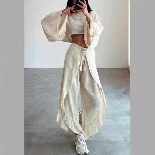 WOMEN’S LOOSE FIT TOP AND PANTS SET - C68/U285 - Crop top and Aladin pants Color cream