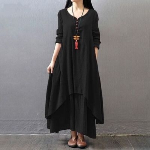 BLACK COTTON LINEN LOOSE FIT DRESS / U278 - Layered dress Color black