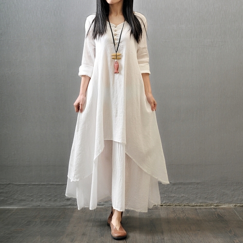 WHITE COTTON LINEN LOOSE FIT DRESS / U278 - LAYERED DRESS
