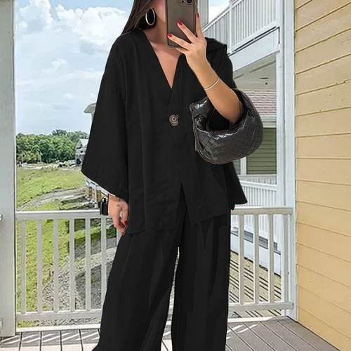 WOMEN'S LOOSE LONG SLEEVE TOP AND HIGH WAIST TROUSERS SET / BLACK U273 - LOOSE LONG SLEEVE TOP AND HIGH WAIST TROUSERS SET OF BLACK