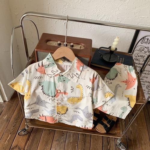 CHILDREN'S SHORT-SLEEVES POLO SHIRT AND SHORTS BEACH TWO-PIECE SET / DINOSAUR PRINT S879 - OFF-WHITE DINOSAUR PRINT