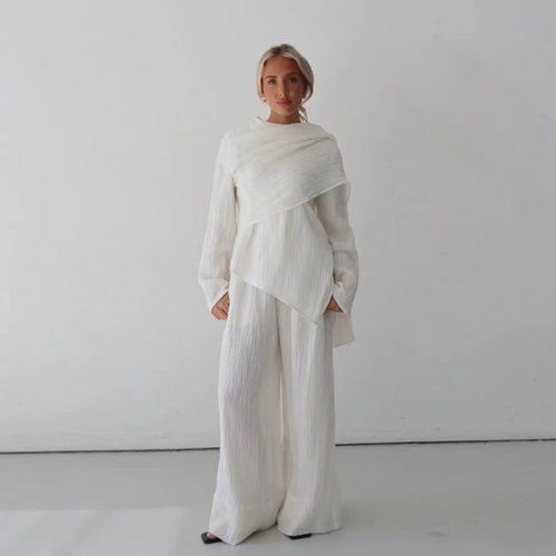TWO-PIECE SET ASYMMETRICAL BLOUSE AND WIDE-LEG PANTS - WHITE U206 - set of white