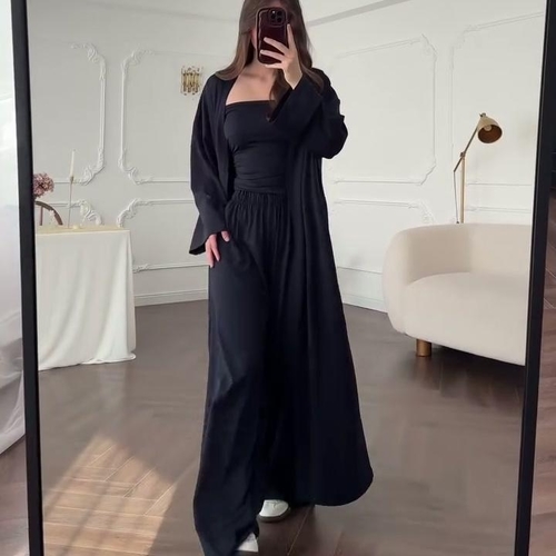THREE-PIECE CASUAL SUIT / U197 - Wide-leg pants, tube top and long cardigan Color black