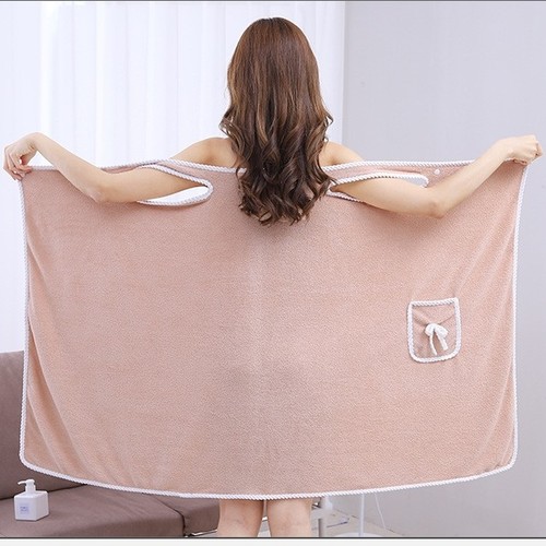BROWN TOWEL WRAP BATHROBE - S717 - Wearable bath towel One size