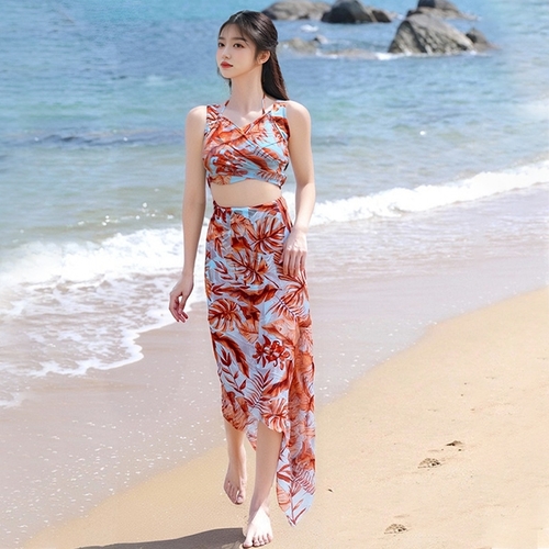 WOMEN'S SWIMSUIT THREE-PIECE SET / BLUE-ORANGE C96 - Color blue orange