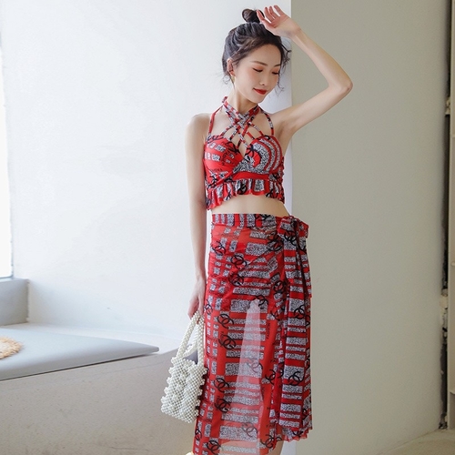 WOMEN'S SWIMSUIT THREE-PIECE SET / RED C96 - Red-size medium