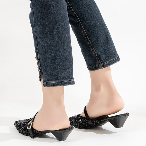 SEQUIN POINTED TOE HALF SANDALS - BLACK S746 - Color:black