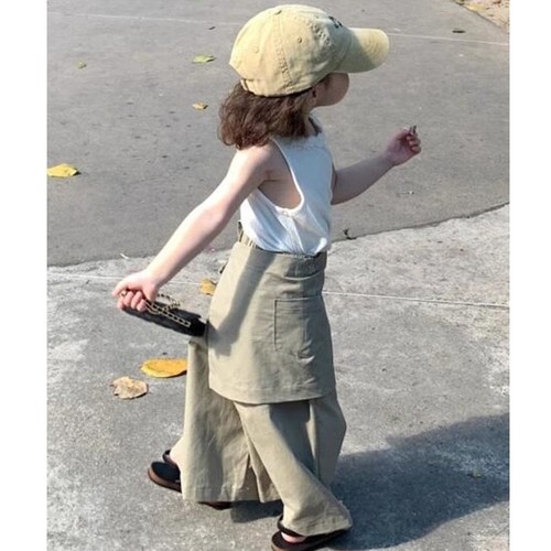 APRON STYLE WIDE-LEG PANTS / C106 - 2025 new style apron loose wide-leg pants two-piece suit  Color : Khaki Skirt  Size: 120 yrads, 130 yards, 140 yards