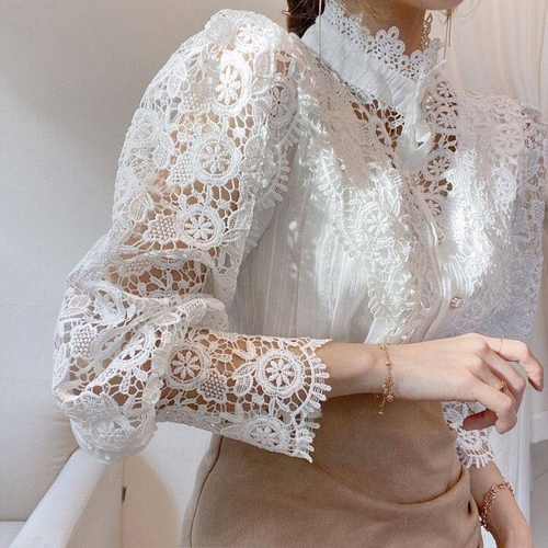 WOMEN'S LACE LONG-SLEEVE TOP / WHITE S259 - Color :white