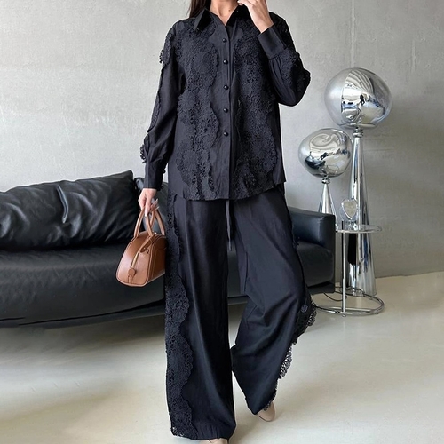 WOMEN'S LONG-SLEEVE SHIRT AND PANTS SET / BLACK S250 - Color:black