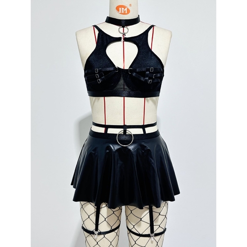 WOMEN'S LINGERIE SET / BLACK U440 - Black latex lingerie