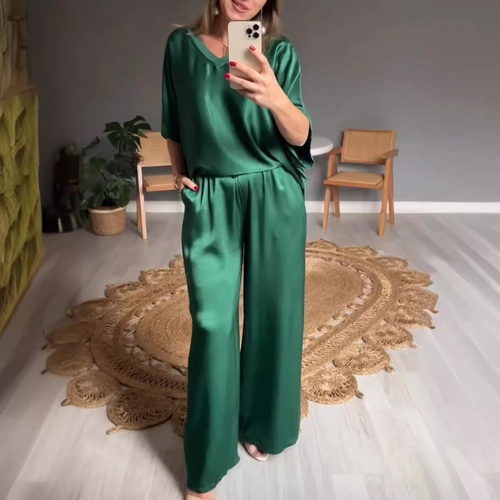V-NECK TOP AND WIDE-LEG PALAZZO PANTS / GREEN U257 - Women's 2-piece set Material:satin Color: shade of citron