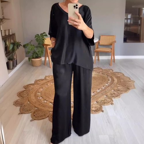 V-NECK TOP AND WIDE-LEG PALAZZO PANTS / BLACK U257 - Women's 2-piece set Material:satin Color: shade of citron