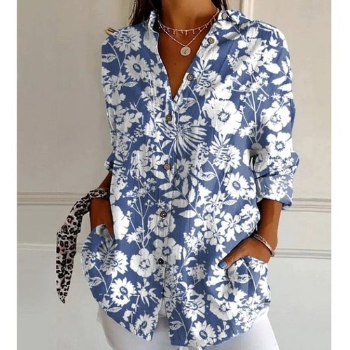 CASUAL POLYESTER SHIRT / BLUE FLORAL WHITE S769 - Color: blue floral white print Size: 2XL