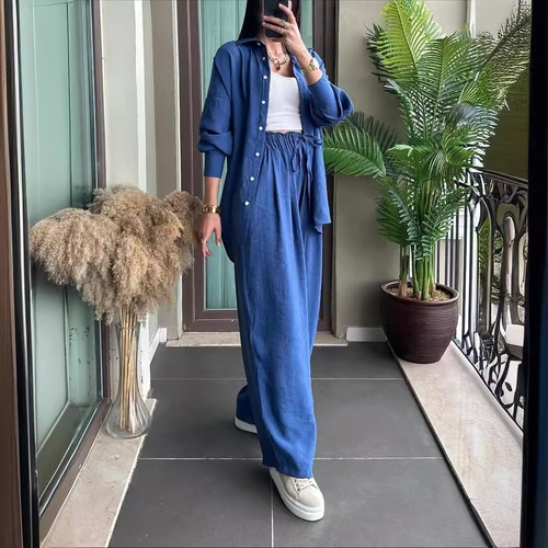 TWO-PIECE LONG-SLEEVE SHIRT AND WIDE-LEG PANTS SET - BLUE S886 - Set of blue