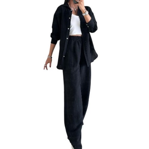 TWO-PIECE LONG-SLEEVE SHIRT AND WIDE-LEG PANTS SET - BLACK S886 - Set of black