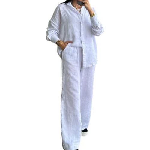 TWO-PIECE LONG-SLEEVE SHIRT AND WIDE-LEG SET - WHITE S886 - Set of white