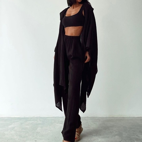 WOMEN'S LONG-SLEEVE CARDIGAN AND PANTS SET / BLACK U170 - Cotton and linen two-piece home wear set Color black