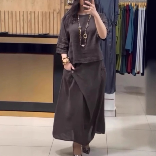 WOMEN'S COTTON LINEN TWO-PIECE SET / PURPLE GRAY U191 - Loose midi skirt and top set