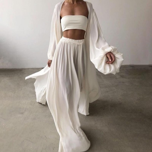 LONG CARDIGAN , WIDE LEG PANTS AND TUBE TOP THREE-PIECE SET / WHITE U237 - LONG CARDIGAN , WIDE LEG PANTS AND TUBE TOP THREE-PIECE SET / WHITE