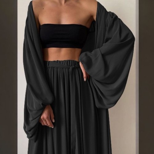 LONG CARDIGAN , WIDE LEG PANTS AND TUBE TOP THREE-PIECE SET / BLACK U237 - LONG CARDIGAN , WIDE LEG PANTS AND TUBE TOP THREE-PIECE SET / BLACK