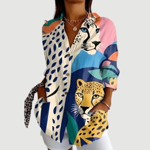 WOMEN’S CASUAL POLYESTER SHIRT / S861A - Colorful, abstract leopard print button-down shirt