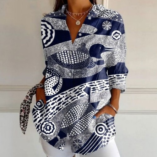 WOMEN’S CASUAL POLYESTER SHIRT / S861C - Women's blue and white patterned-print duck.