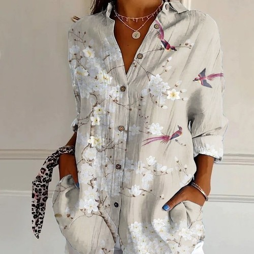 WOMEN’S CASUAL POLYESTER SHIRT / S861D - Beige shirt-floral and bird print