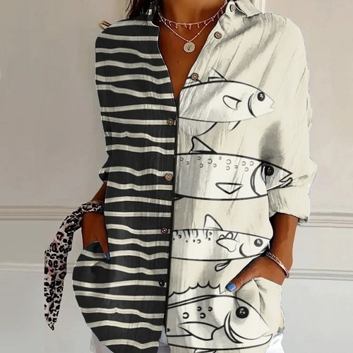 WOMEN’S CASUAL POLYESTER SHIRT / S861E - Unique split-design button-down shirt