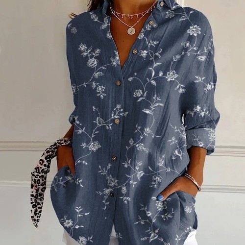 WOMEN’S CASUAL POLYESTER SHIRT / S861F - DARK BLUE WITH A WHITE FLORAL PATTERN