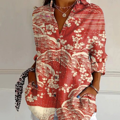 WOMEN'S CASUAL POLYESTER SHIRT / S861G - Print:traditional Japanese art, including blossoms and fan motifs.