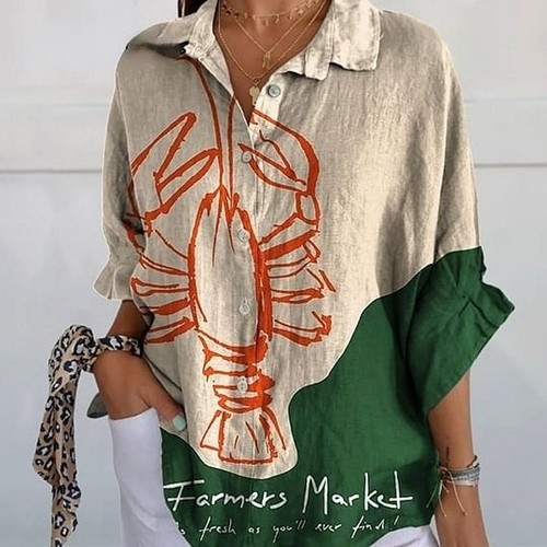 WOMEN'S CASUAL POLYESTER SHIRT / S861H - Print: red lobster illustration and 