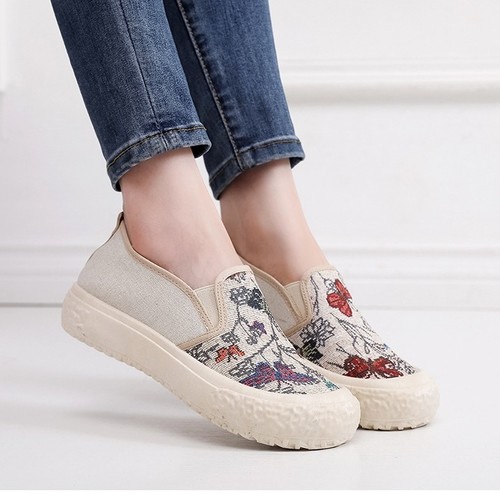 ETHNIC STYLE CLOTH SHOES - BEIGE BUTTERFLY PRINT / S61 - SLIP-ON SHOES